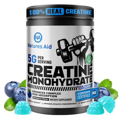 Natures Aid NSF Certified Creatine Gummy 5g - Creatine Monohydrate Gummies – Pre-Workout Energy & Muscle Growth Support for Men & Women - Maple Wellness Supplements