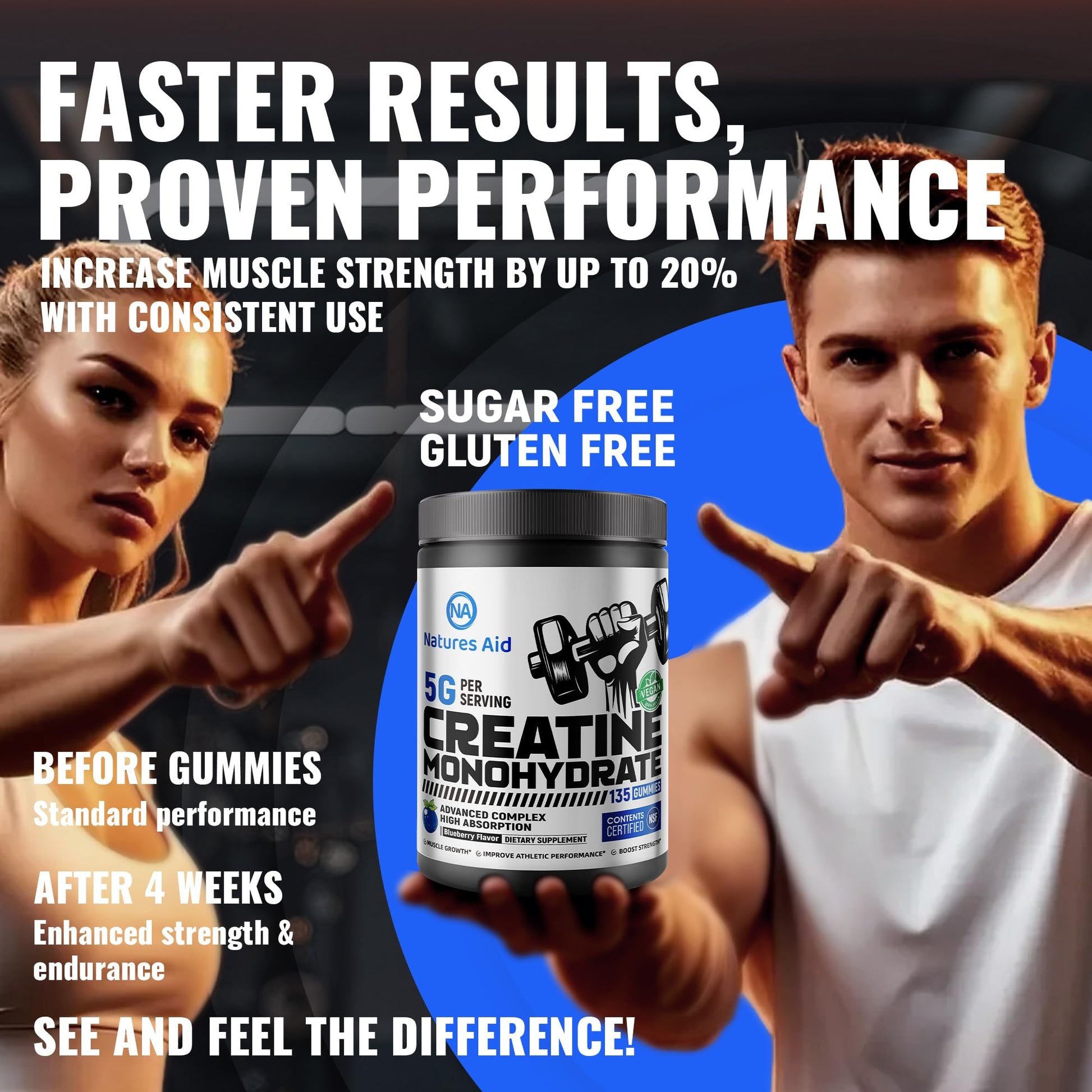 Natures Aid NSF Certified Creatine Gummy 5g - Creatine Monohydrate Gummies – Pre-Workout Energy & Muscle Growth Support for Men & Women - Maple Wellness Supplements