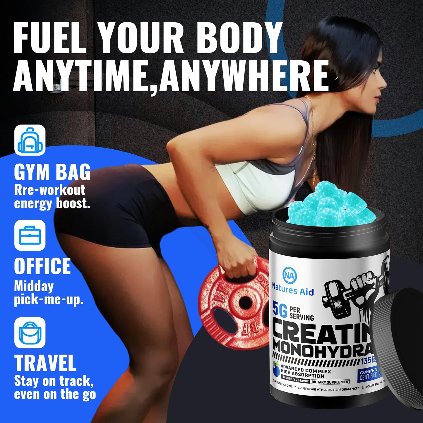 Natures Aid NSF Certified Creatine Gummy 5g - Creatine Monohydrate Gummies – Pre-Workout Energy & Muscle Growth Support for Men & Women - Maple Wellness Supplements