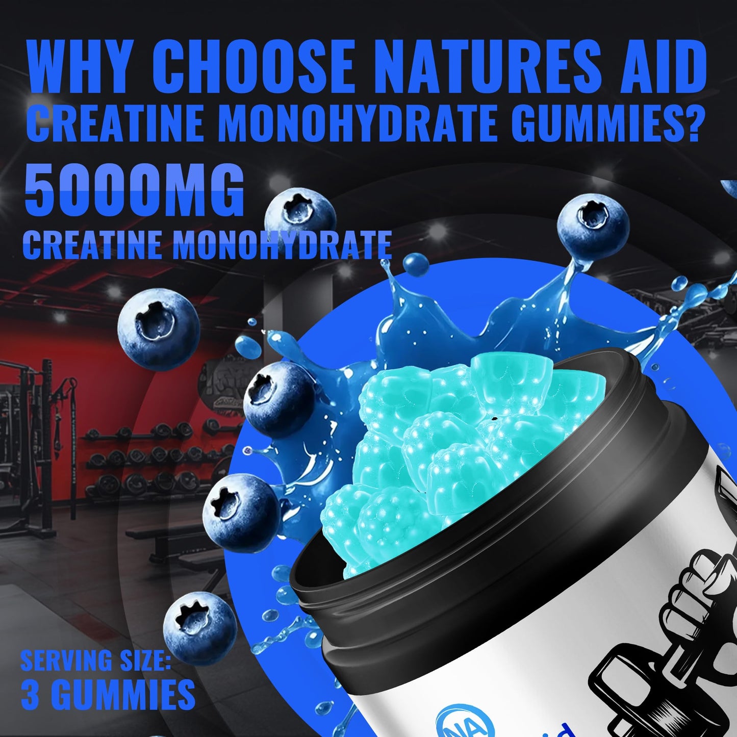 Natures Aid NSF Certified Creatine Gummy 5g - Creatine Monohydrate Gummies – Pre-Workout Energy & Muscle Growth Support for Men & Women - Maple Wellness Supplements