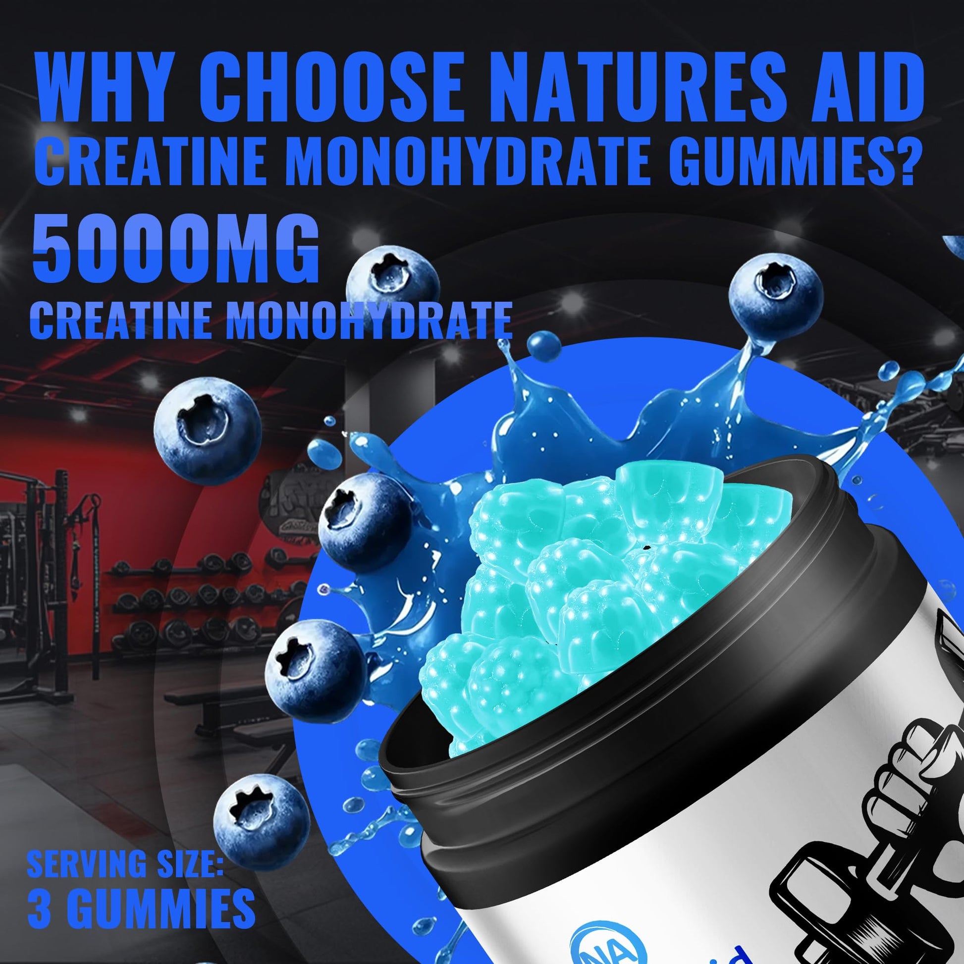 Natures Aid NSF Certified Creatine Gummy 5g - Creatine Monohydrate Gummies – Pre-Workout Energy & Muscle Growth Support for Men & Women - Maple Wellness Supplements