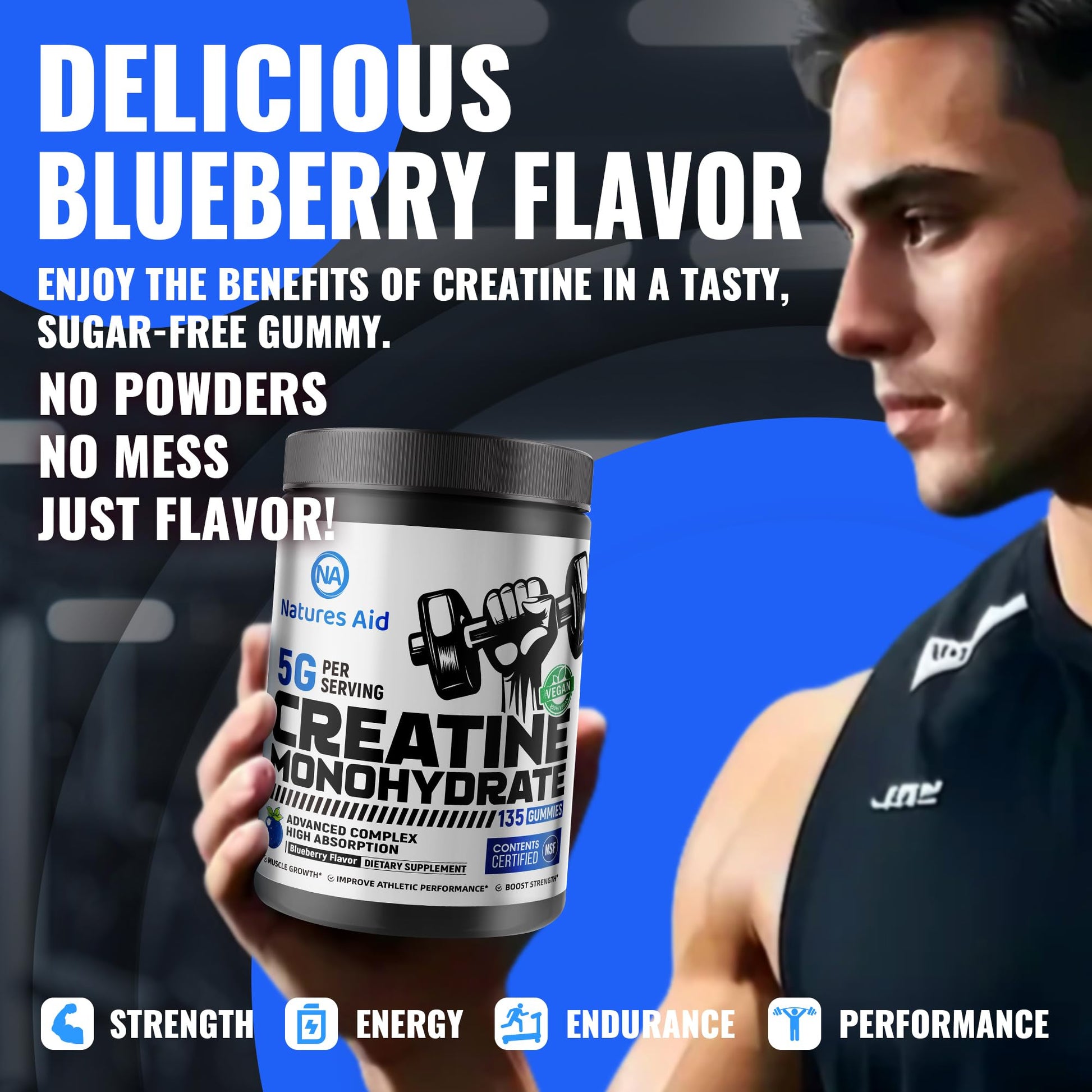 Natures Aid NSF Certified Creatine Gummy 5g - Creatine Monohydrate Gummies – Pre-Workout Energy & Muscle Growth Support for Men & Women - Maple Wellness Supplements