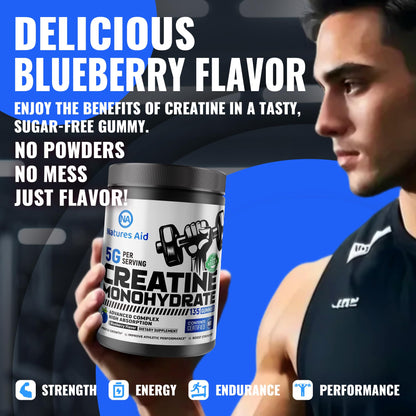 Natures Aid NSF Certified Creatine Gummy 5g - Creatine Monohydrate Gummies – Pre-Workout Energy & Muscle Growth Support for Men & Women - Maple Wellness Supplements