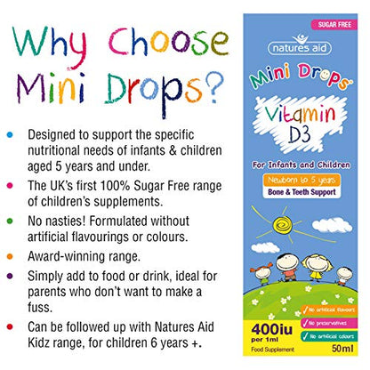 Natures Aid Vitamin D3 Mini Drops for Infants and Children, Sugar Free, 50ml - Maple Wellness Supplements