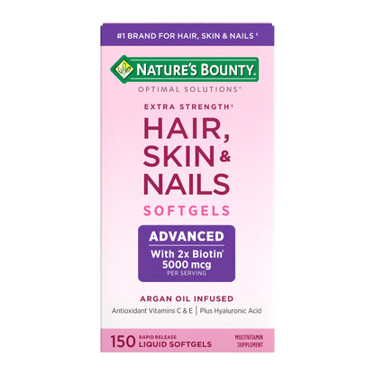 Nature's Bounty Advanced Hair, Skin & Nails, Argan-Infused Vitamin Supplement with Biotin and Hyaluronic Acid, 150 Rapid Release Softgels, 50 Total Servings - Maple Wellness Supplements