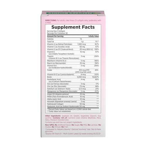Nature's Bounty Advanced Hair, Skin & Nails, Argan-Infused Vitamin Supplement with Biotin and Hyaluronic Acid, 150 Rapid Release Softgels, 50 Total Servings - Maple Wellness Supplements
