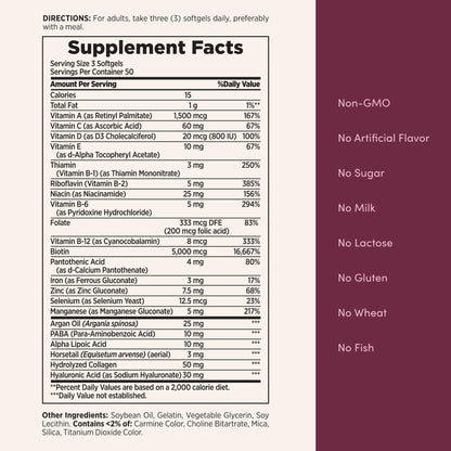 Nature's Bounty Advanced Hair, Skin & Nails, Argan-Infused Vitamin Supplement with Biotin and Hyaluronic Acid, 150 Rapid Release Softgels, 50 Total Servings - Maple Wellness Supplements