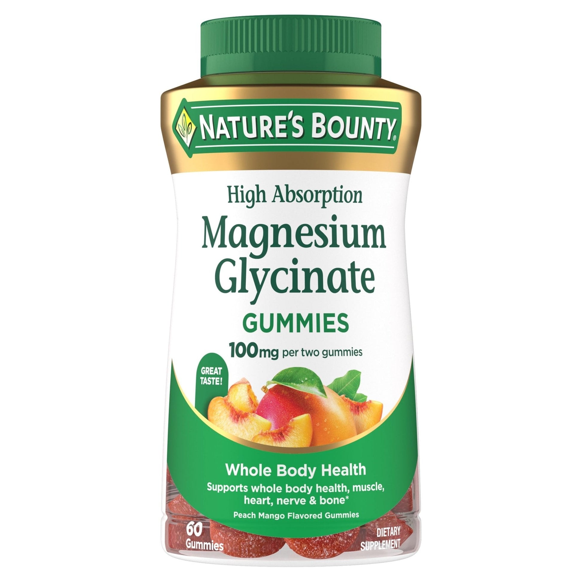 Nature’s Bounty High Absorption Magnesium Glycinate Gummies, 100 mg Magnesium Per Serving, Whole Body Health, No Stick Gummy, Peach Mango Flavor - Maple Wellness Supplements