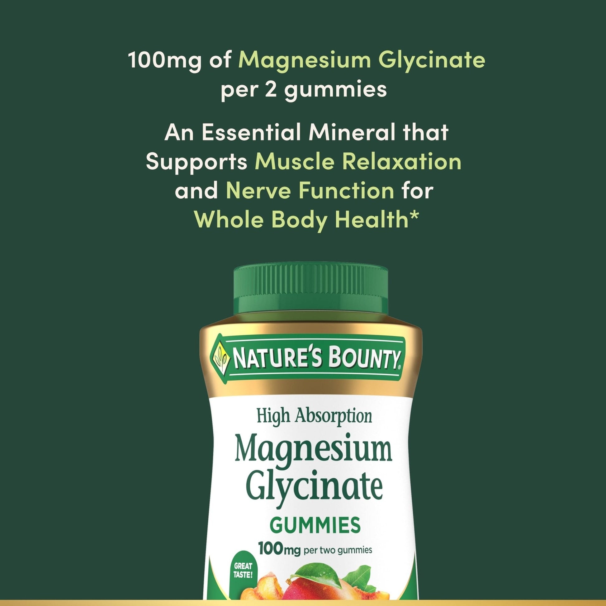 Nature’s Bounty High Absorption Magnesium Glycinate Gummies, 100 mg Magnesium Per Serving, Whole Body Health, No Stick Gummy, Peach Mango Flavor - Maple Wellness Supplements