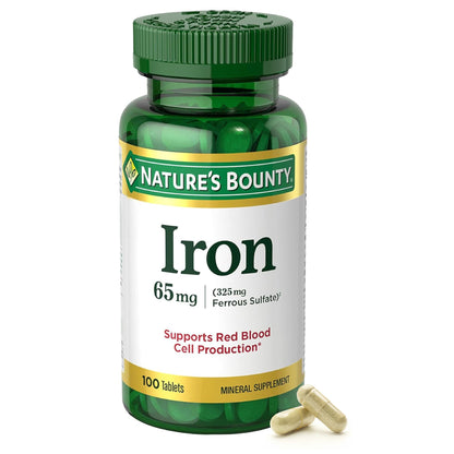 Nature’s Bounty Iron 65mg, 325 mg Ferrous Sulfate, Cellular Energy Support, Promotes Normal Red Blood Cell Production - Maple Wellness Supplements