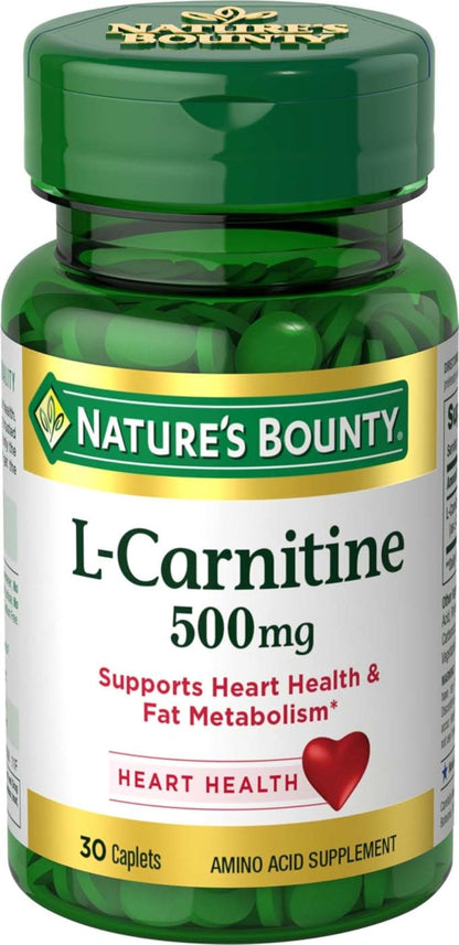 Nature's Bounty L-Carnitine, Supports Heart Health & Fat Metabolism, Amino Acid Supplement, 500 mg, 30 Tablets - Maple Wellness Supplements