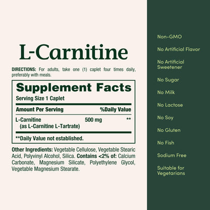 Nature's Bounty L-Carnitine, Supports Heart Health & Fat Metabolism, Amino Acid Supplement, 500 mg, 30 Tablets - Maple Wellness Supplements