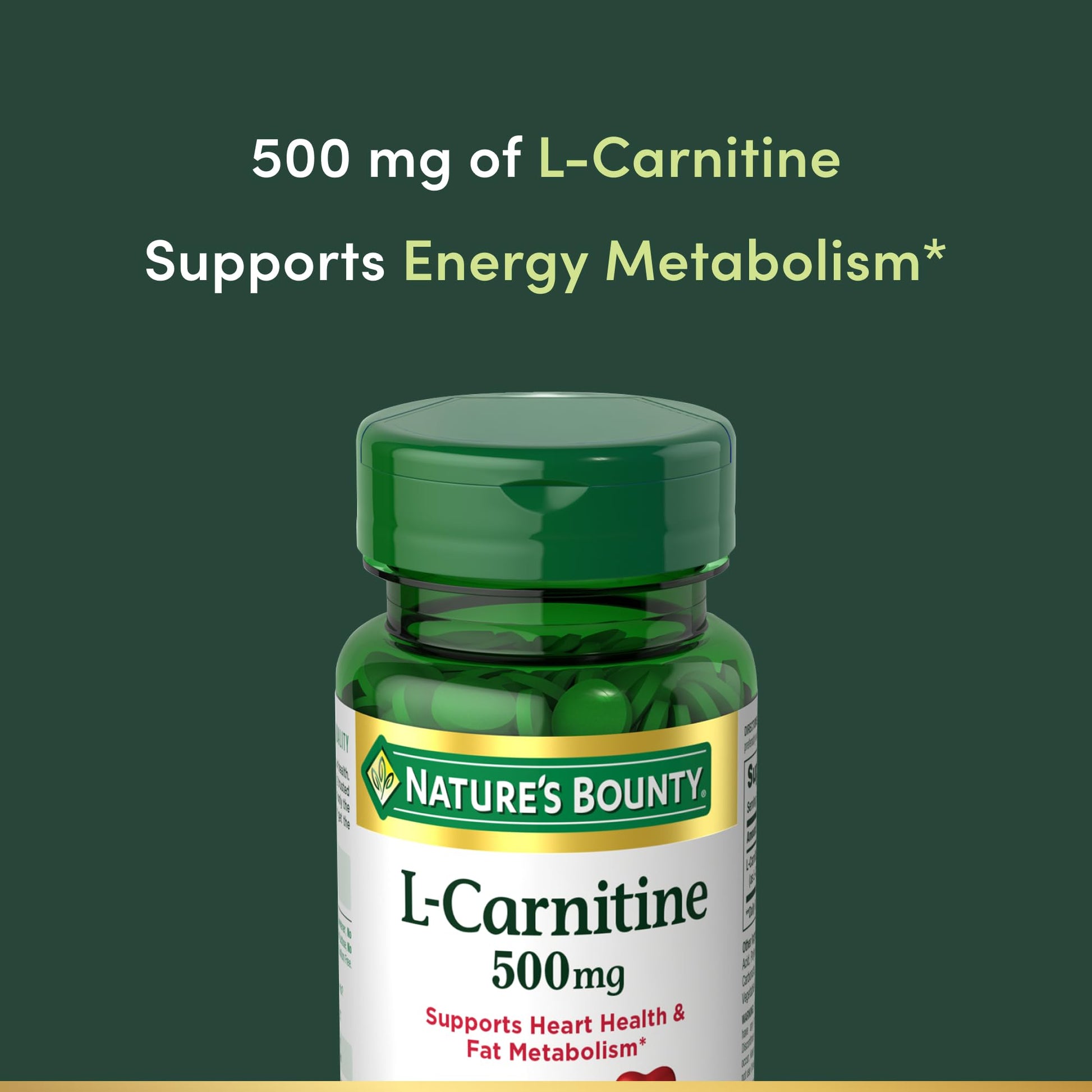 Nature's Bounty L-Carnitine, Supports Heart Health & Fat Metabolism, Amino Acid Supplement, 500 mg, 30 Tablets - Maple Wellness Supplements