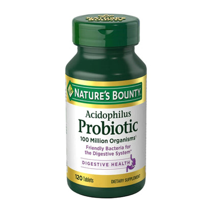 Nature's Bounty Lactobacillus Acidophilus Probiotic Supplement - Daily Probiotic for Women/Men Digestive Health, 100 Million Organisms, Vegetarian, 1 Serving per Day, 120 Tablets - Maple Wellness Supplements