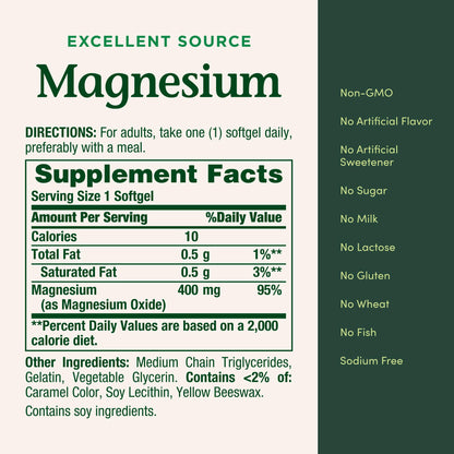 Nature's Bounty Magnesium 400 mg Softgel, Whole Body Support, Magnesium Supplements for Men and Women, Heart, Nerve & Bone Health, 75 Softgels (Pack of 1) - Maple Wellness Supplements