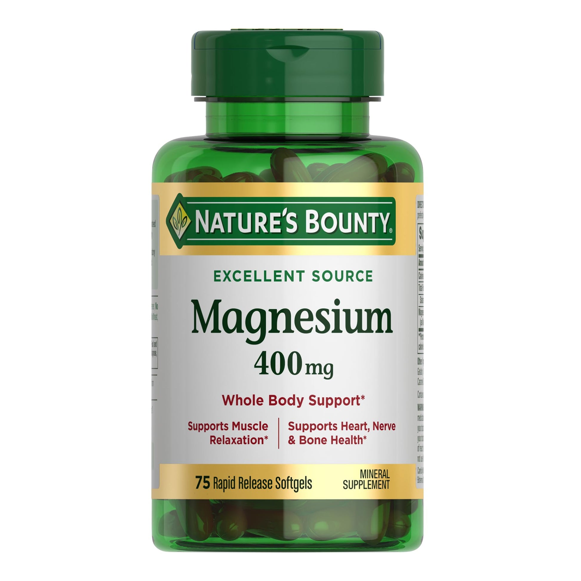 Nature's Bounty Magnesium 400 mg Softgel, Whole Body Support, Magnesium Supplements for Men and Women, Heart, Nerve & Bone Health, 75 Softgels (Pack of 1) - Maple Wellness Supplements