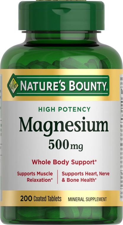 Nature's Bounty Magnesium 500 mg Tablets, High Potency Magnesium Supplement for Bone & Muscle Health, Whole Body Support, 200 Count (Pack of 1) - Maple Wellness Supplements