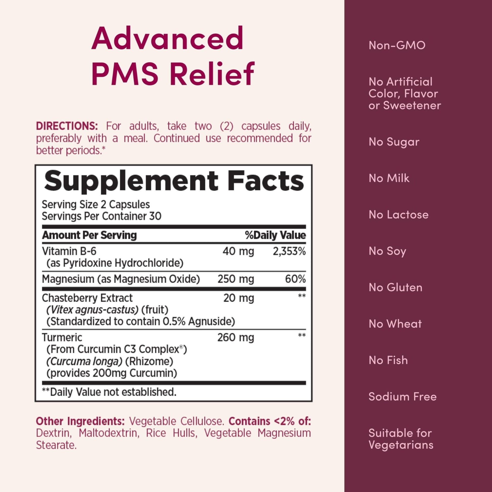 Nature’s Bounty Optimal Solutions Advanced PMS Relief for Menstrual Cycle Support, PMS Support Supplement for Women, Bloating Relief – Chasteberry, Hormone-Free, 60 Vegetarian Capsules - Maple Wellness Supplements