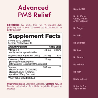 Nature’s Bounty Optimal Solutions Advanced PMS Relief for Menstrual Cycle Support, PMS Support Supplement for Women, Bloating Relief – Chasteberry, Hormone-Free, 60 Vegetarian Capsules - Maple Wellness Supplements
