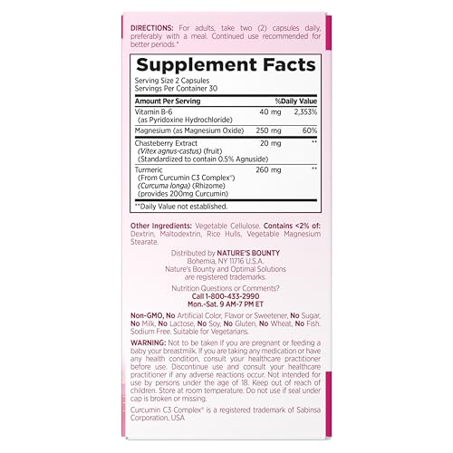 Nature’s Bounty Optimal Solutions Advanced PMS Relief for Menstrual Cycle Support, PMS Support Supplement for Women, Bloating Relief – Chasteberry, Hormone-Free, 60 Vegetarian Capsules - Maple Wellness Supplements