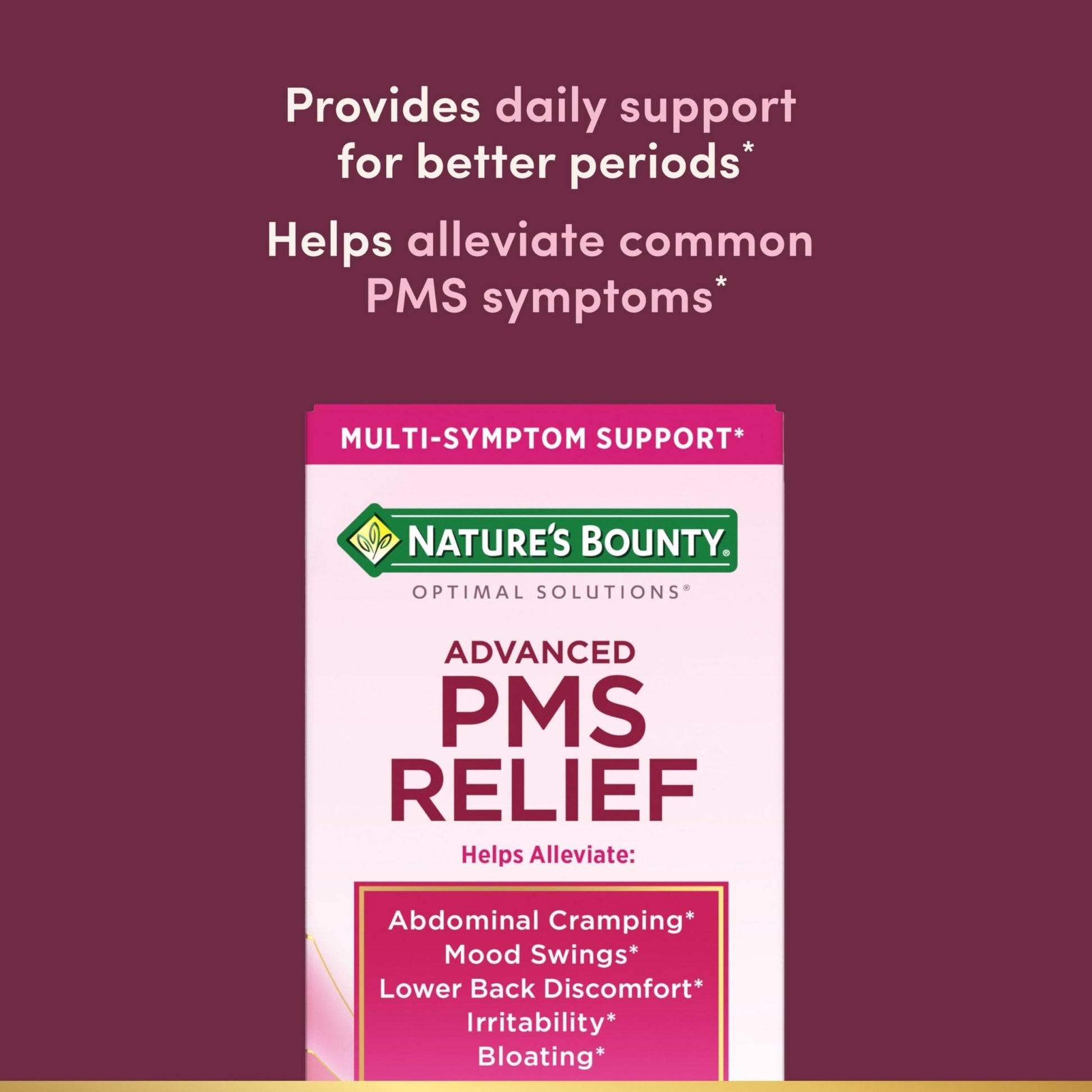 Nature’s Bounty Optimal Solutions Advanced PMS Relief for Menstrual Cycle Support, PMS Support Supplement for Women, Bloating Relief – Chasteberry, Hormone-Free, 60 Vegetarian Capsules - Maple Wellness Supplements