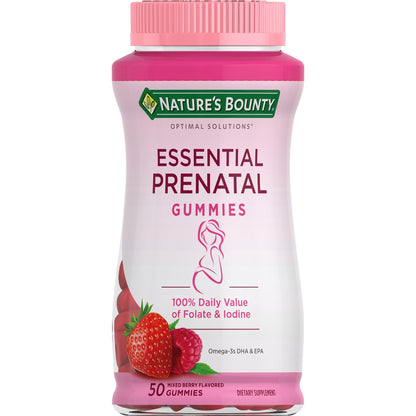 Nature's Bounty Optimal Solutions Essential Prenatal Gummies, Folic Acid and Iodine, Omega 3 and DHA, 50 Count - Maple Wellness Supplements
