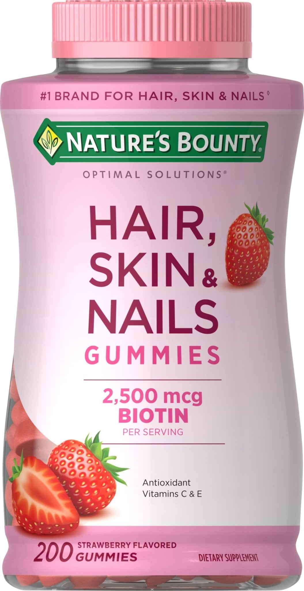 Nature's Bounty Optimal Solutions Hair, Skin and Nails Gummies with Biotin, 2500 mcg, Strawberry Flavored, 200 Count, 100 Total Servings - Maple Wellness Supplements