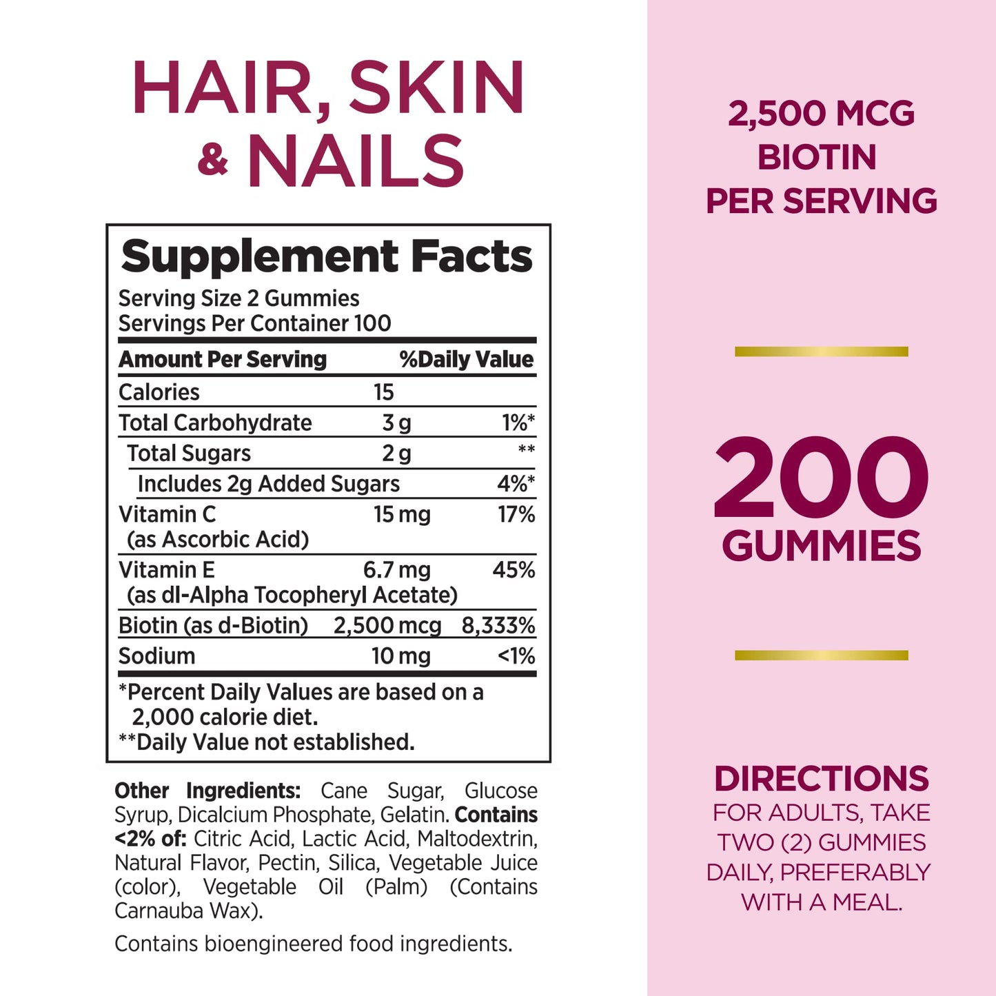 Nature's Bounty Optimal Solutions Hair, Skin and Nails Gummies with Biotin, 2500 mcg, Strawberry Flavored, 200 Count, 100 Total Servings - Maple Wellness Supplements