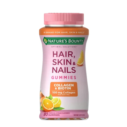 Nature's Bounty Optimal Solutions Hair, Skin & Nails with Biotin and Collagen, Citrus-Flavored Gummies Vitamin Supplement, 2500 mcg, 80 Ct, 40 Total Servings - Maple Wellness Supplements