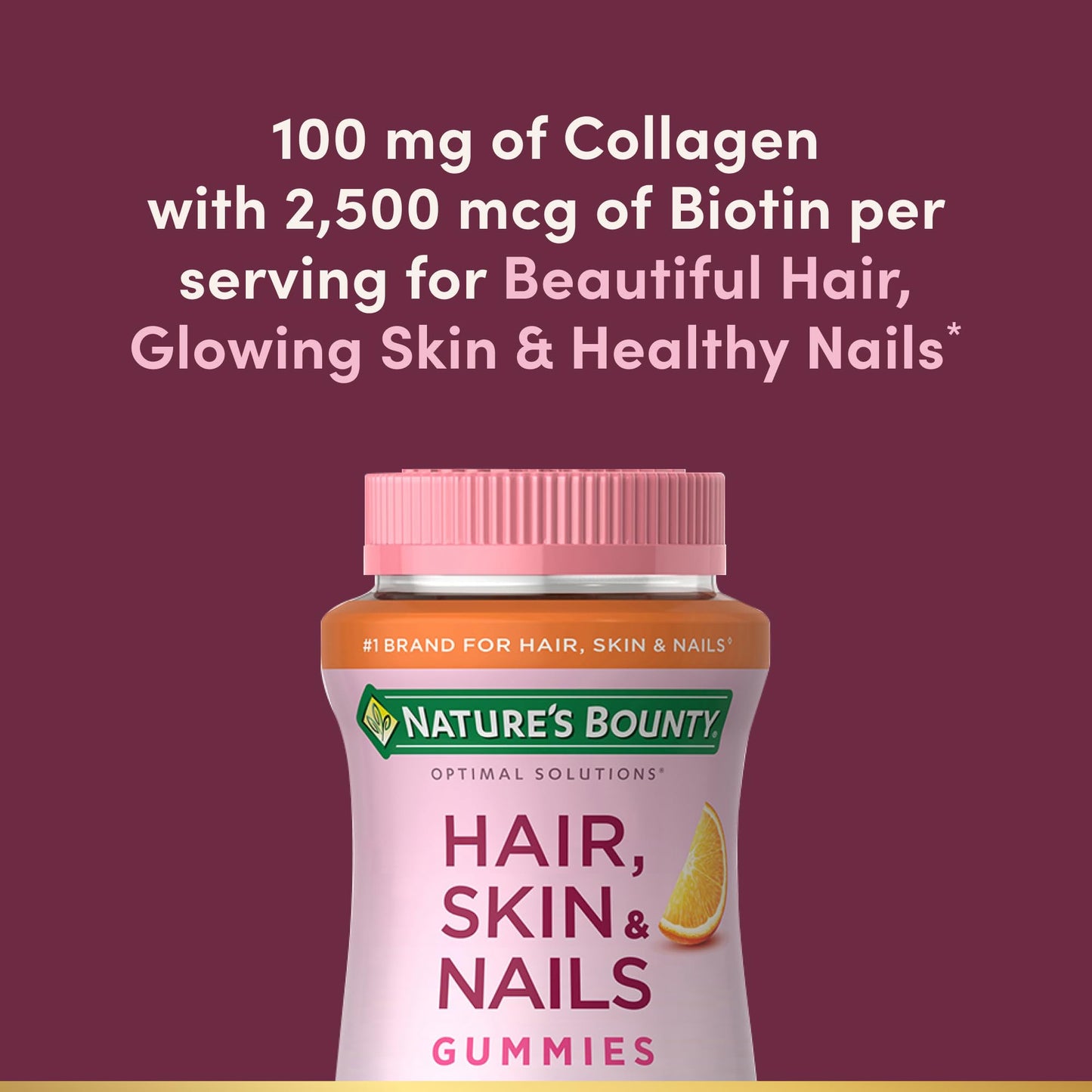 Nature's Bounty Optimal Solutions Hair, Skin & Nails with Biotin and Collagen, Citrus-Flavored Gummies Vitamin Supplement, 2500 mcg, 80 Ct, 40 Total Servings - Maple Wellness Supplements