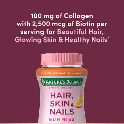 Nature's Bounty Optimal Solutions Hair, Skin & Nails with Biotin and Collagen, Citrus-Flavored Gummies Vitamin Supplement, 2500 mcg, 80 Ct, 40 Total Servings - Maple Wellness Supplements