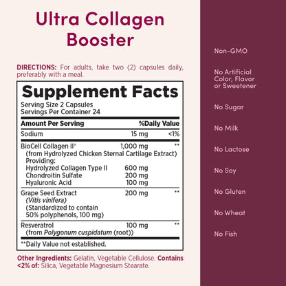 Nature’s Bounty Optimal Solutions Ultra Collagen Booster for Healthy-Aging Supplement, Resveratrol, Hyaluronic Acid – Collagen Capsules for Women, 48 Capsules - Maple Wellness Supplements