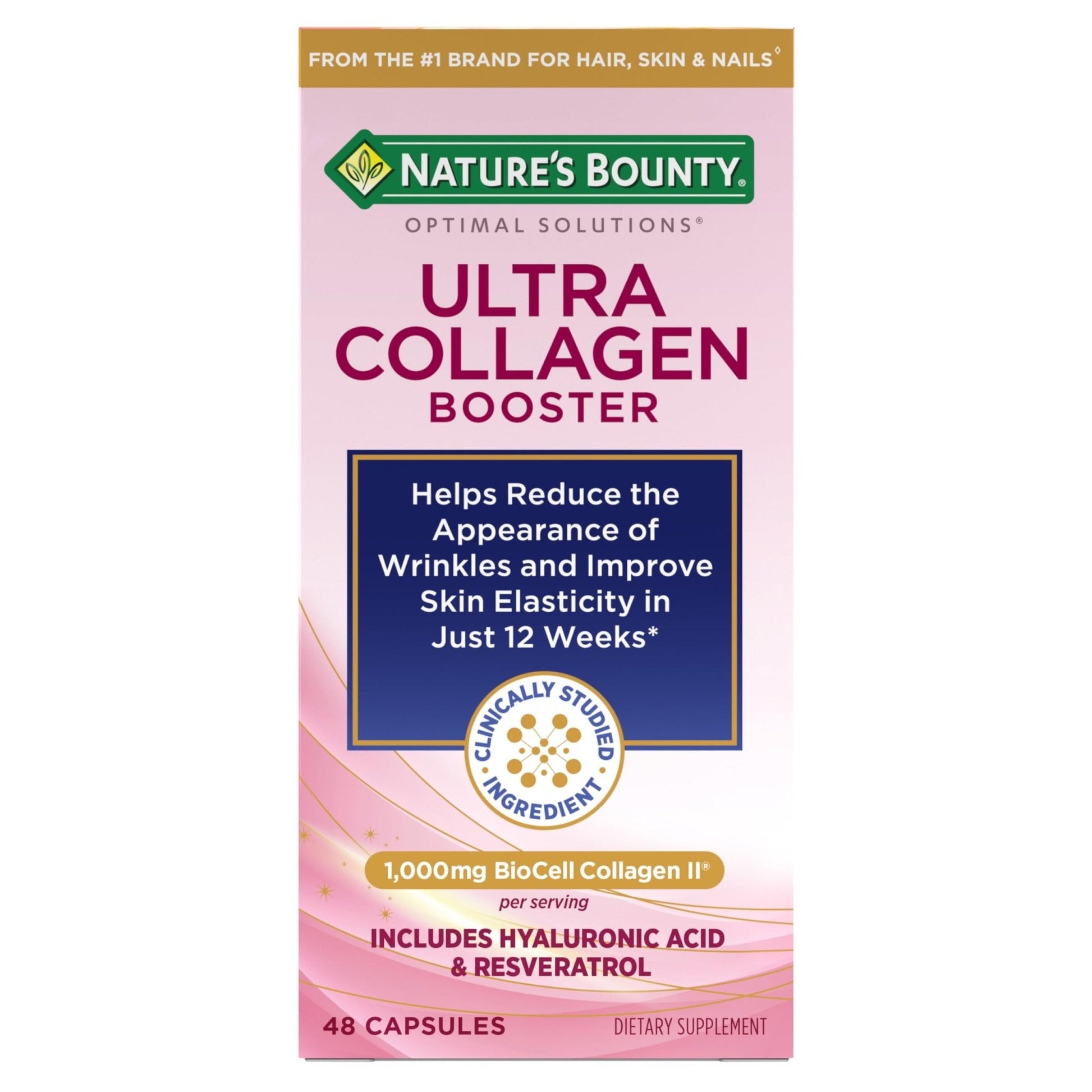 Nature’s Bounty Optimal Solutions Ultra Collagen Booster for Healthy-Aging Supplement, Resveratrol, Hyaluronic Acid – Collagen Capsules for Women, 48 Capsules - Maple Wellness Supplements