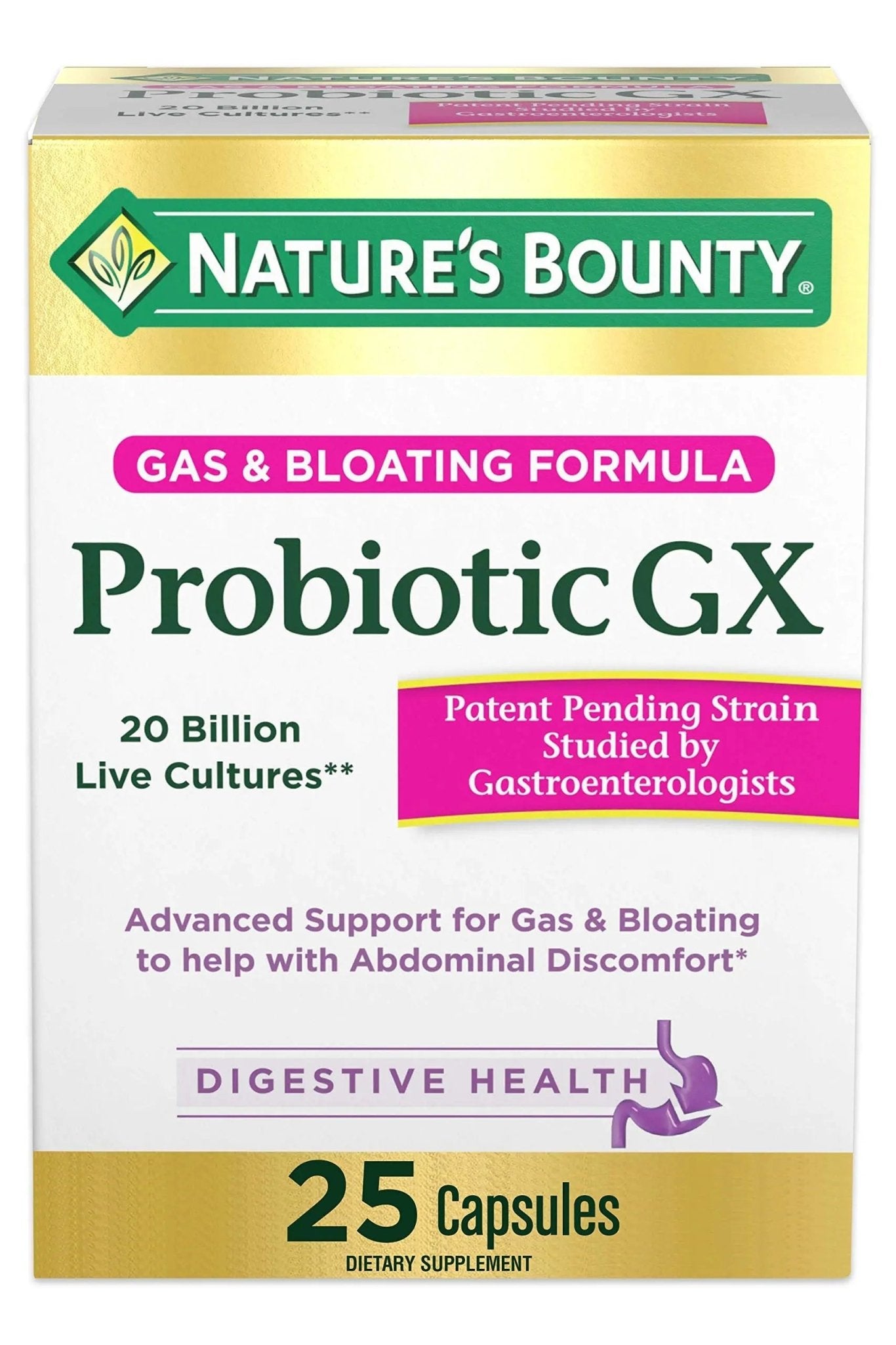 Nature's Bounty Probiotic GX, Helps with Occasional Gas and Bloating, Dietary Supplement, Digestive Health, 25 Capsules - Maple Wellness Supplements