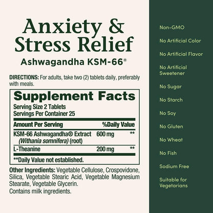 Nature's Bounty Stress Relief Ashwagandha KSM 66 Tablets, Mood Support, 50 Count - Maple Wellness Supplements