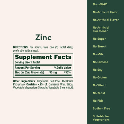 Nature’s Bounty Zinc 50mg, Immune Support & Antioxidant Supplement, Promotes Skin Health, 1 Caplet Per Day, Gluten Free, 250 Vegetarian Caplets - Maple Wellness Supplements