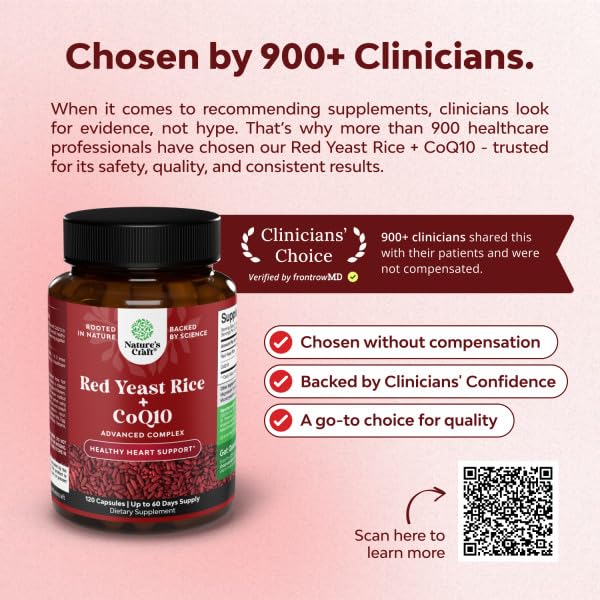 Natures Craft Red Yeast Rice with CoQ10 Supplement - Advanced Healthy Heart & Healthy Cholesterol Levels Formula for Men & Women - Red Yeast Rice Capsules with 1200 mg - Maple Wellness Supplements