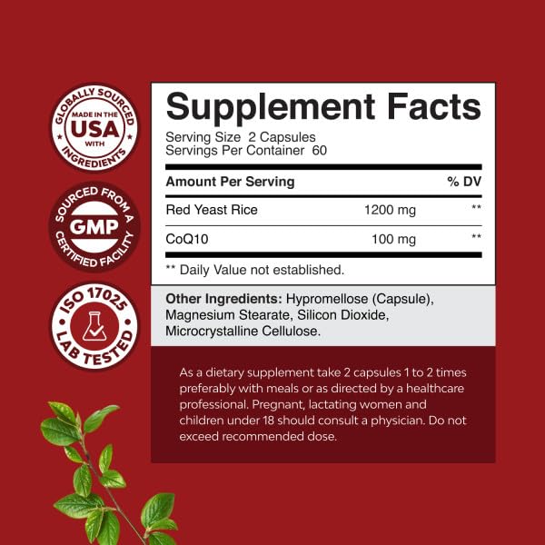 Natures Craft Red Yeast Rice with CoQ10 Supplement - Advanced Healthy Heart & Healthy Cholesterol Levels Formula for Men & Women - Red Yeast Rice Capsules with 1200 mg - Maple Wellness Supplements