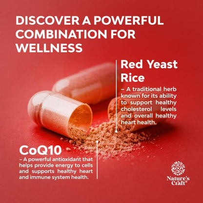 Natures Craft Red Yeast Rice with CoQ10 Supplement - Advanced Healthy Heart & Healthy Cholesterol Levels Formula for Men & Women - Red Yeast Rice Capsules with 1200 mg - Maple Wellness Supplements