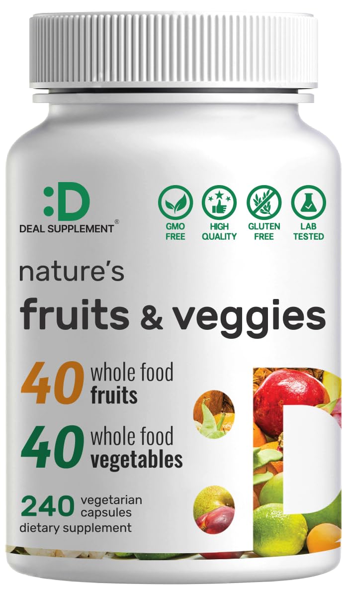 Nature’s Fruits & Veggies Supplement, 240 Veggie Capsules – 80 Whole Food Superfoods for Daily Balance – 40 Fruits with 40 Vegetables and Greens – Non-GMO, Gluten Free - Maple Wellness Supplements