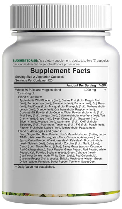 Nature’s Fruits & Veggies Supplement, 240 Veggie Capsules – 80 Whole Food Superfoods for Daily Balance – 40 Fruits with 40 Vegetables and Greens – Non-GMO, Gluten Free - Maple Wellness Supplements
