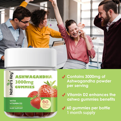 Nature's Key Ashwagandha Gummies, 3000mg High Potency Ashwagandha Root Extract with Vitamin D2, Stress, Calm Mood & Cognition, for Men & Women, Strawberry Flavor (60 Count (Pack of 1) - Maple Wellness Supplements