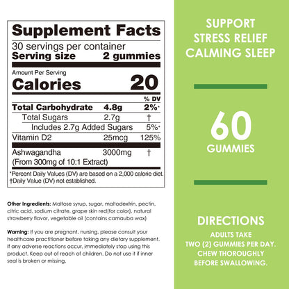 Nature's Key Ashwagandha Gummies, 3000mg High Potency Ashwagandha Root Extract with Vitamin D2, Stress, Calm Mood & Cognition, for Men & Women, Strawberry Flavor (60 Count (Pack of 1) - Maple Wellness Supplements