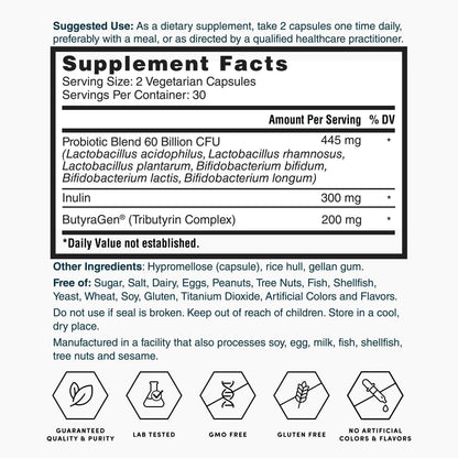 Nature's Lab Gold ProTotal - 60 Billion CFU Probiotic, Prebiotic, Postbiotic, Synbiotic - with Butyragen (Direct Butyrate Generator) 60 Ct - Maple Wellness Supplements