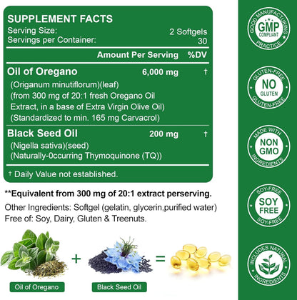 Nature's live Oil of Oregano with Black Seed Oil, 2 in 1 Oregano Supplement for Immune Health, Retains High Concentrated Carvacrol & Thymoquinone - Maple Wellness Supplements