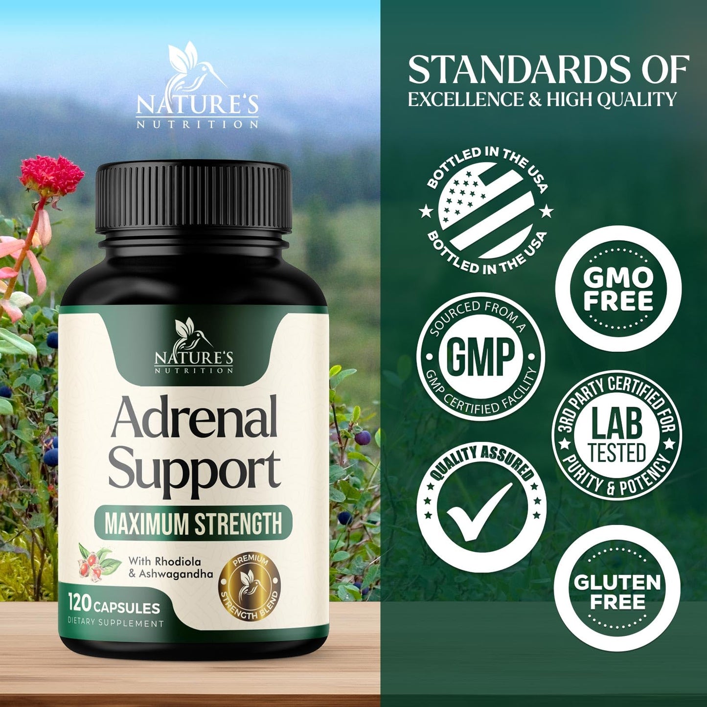Nature's Nutrition Adrenal Support Supplements Cortex Complex, Best Energy Supplement, Supports Health & Energy Levels, Daily Ashwagandha for Women & Men, Supports Immune System, 120 Capsules - Maple Wellness Supplements