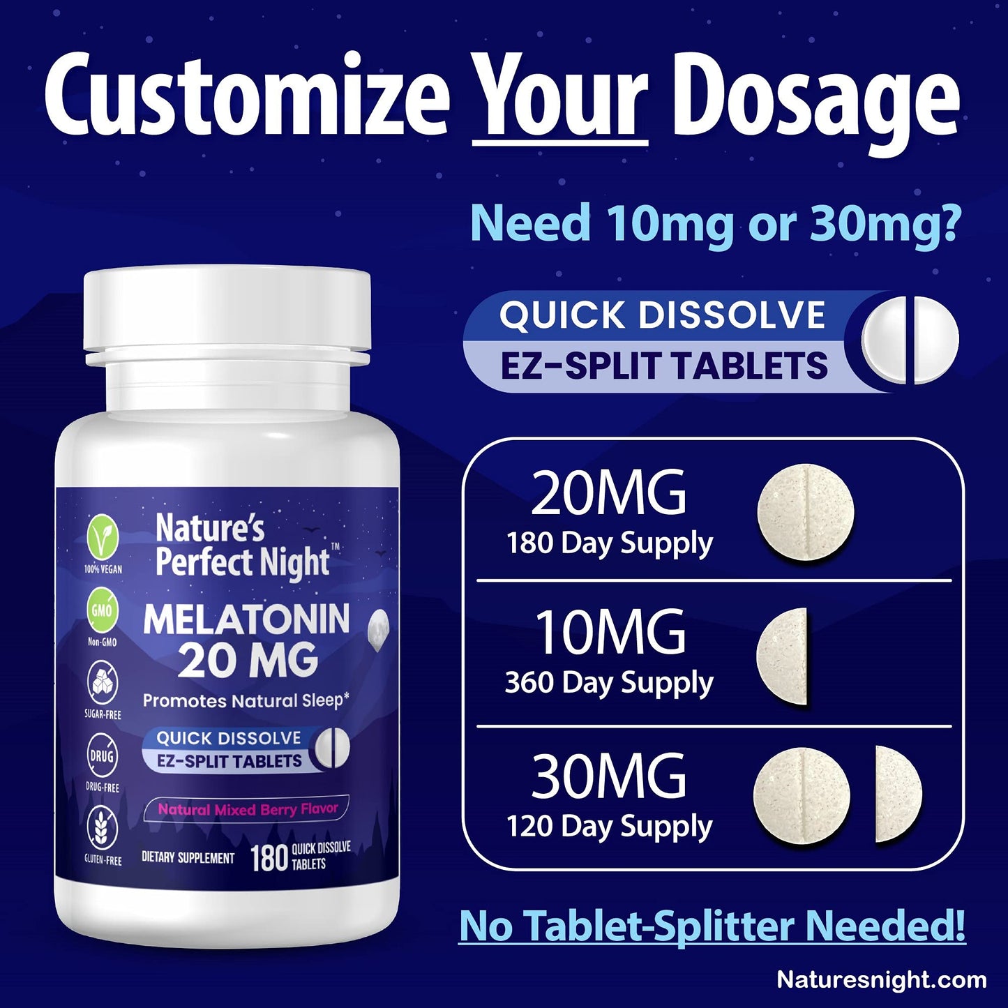 Nature's Perfect Night | Melatonin 20mg | 180 Quick Dissolve Tablets | Natural Mixed Berry Flavor |High Potency | Sugar Free - Maple Wellness Supplements