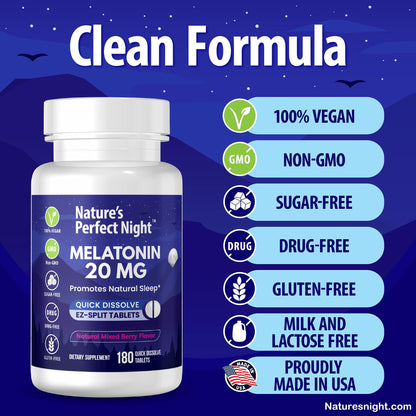 Nature's Perfect Night | Melatonin 20mg | 180 Quick Dissolve Tablets | Natural Mixed Berry Flavor |High Potency | Sugar Free - Maple Wellness Supplements