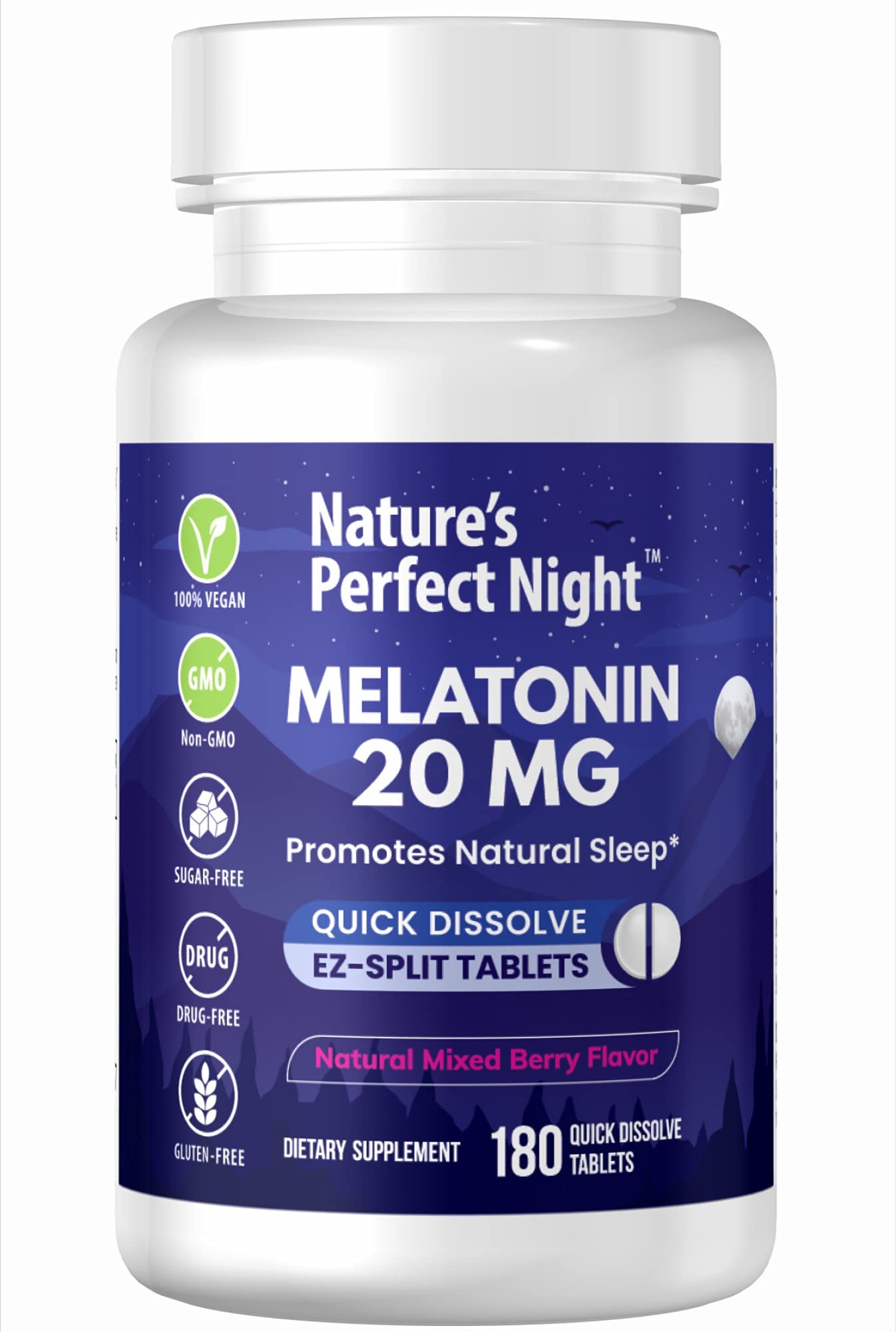 Nature's Perfect Night | Melatonin 20mg | 180 Quick Dissolve Tablets | Natural Mixed Berry Flavor |High Potency | Sugar Free - Maple Wellness Supplements