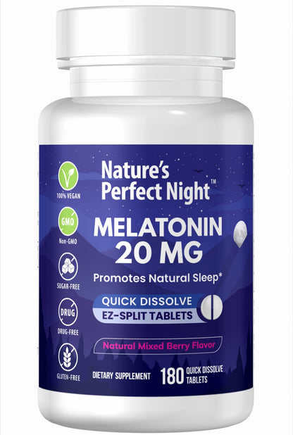 Nature's Perfect Night | Melatonin 20mg | 180 Quick Dissolve Tablets | Natural Mixed Berry Flavor |High Potency | Sugar Free - Maple Wellness Supplements